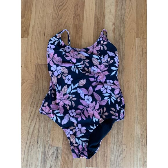 AQUA COUTURE One Piece Swimsuit Black Orange Pink Florals - Picture 7 of 9